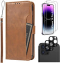 iPhone 14 Pro 6.1-inch Protection Kit Bundle - Folio Wallet Case with Tempered Glass Screen and Camera Protector (Brown) by Zerodamage Sahara Case LLC