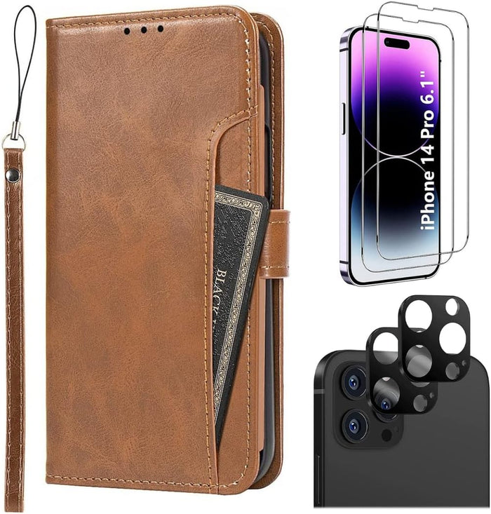iPhone 14 Pro 6.1-inch Protection Kit Bundle - Folio Wallet Case with Tempered Glass Screen and Camera Protector (Brown) by Zerodamage Sahara Case LLC