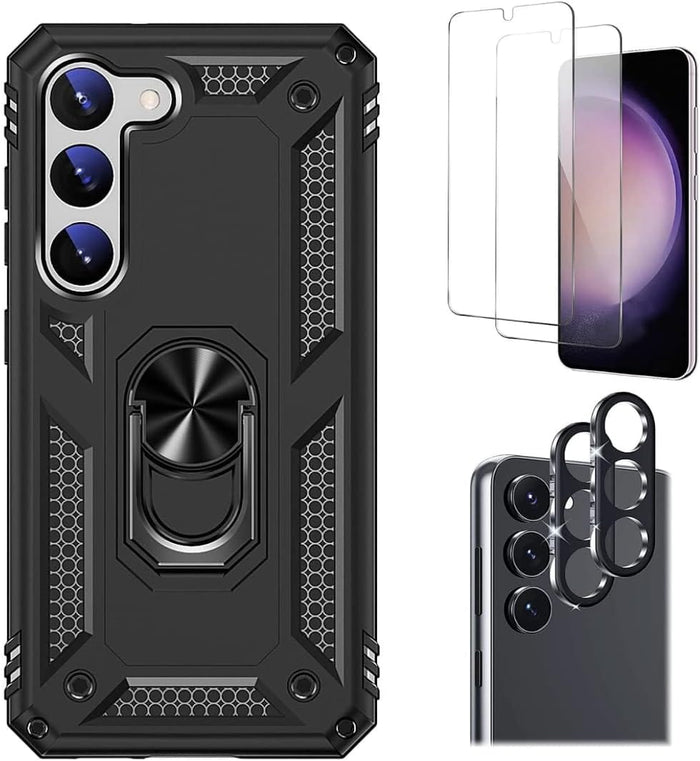 Bundle: Black Military Kickstand Series with Belt Clip Case with Tempered Glass Screen and Camera Protector - Samsung Galaxy S23 by Zerodamage Sahara Case LLC