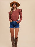Soft Touch Striped Ruffle Shoulder Top - Brick Red by Boutique 23