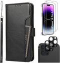 iPhone 14 Pro 6.1-inch Protection Kit Bundle - Folio Wallet Case with Tempered Glass Screen and Camera Protector (Black) by Zerodamage Sahara Case LLC