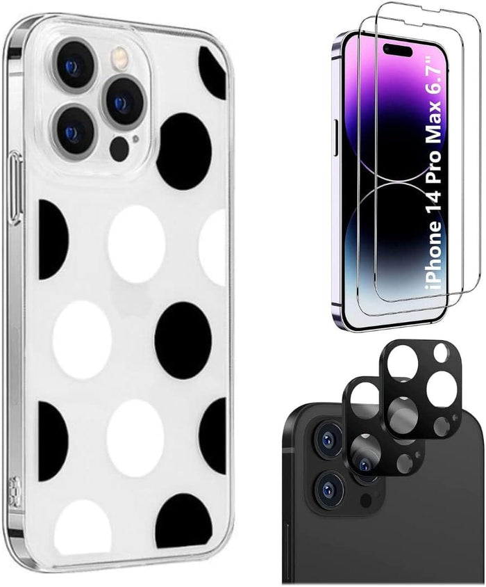 iPhone 14 Pro Max Protection Kit Bundle - Polkadot Hybrid-Flex Hard Shell Case with Tempered Glass Screen and Camera Protector (Clear/Black/White) by Zerodamage Sahara Case LLC