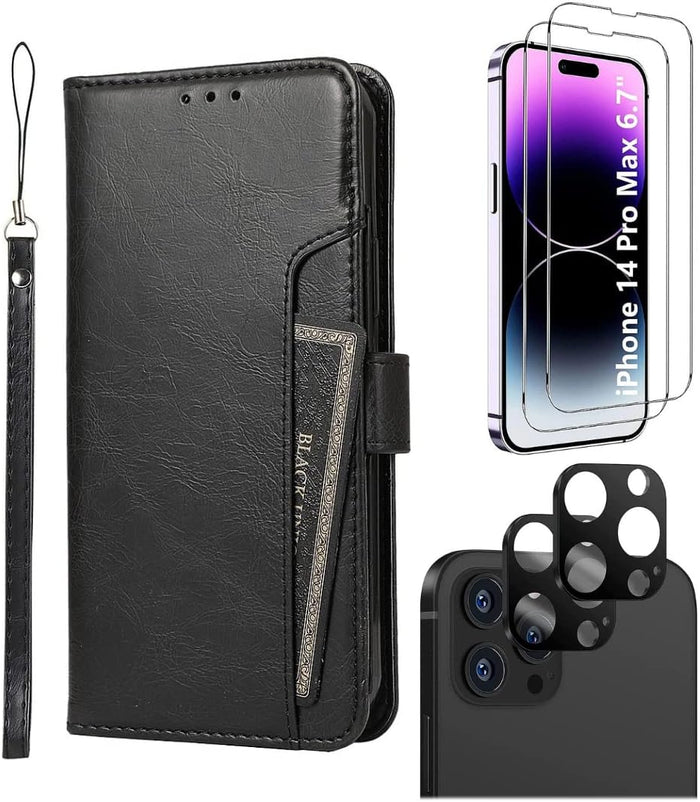 iPhone 14 Pro Max Protection Kit Bundle - Leather Folio Wallet Case with Tempered Glass Screen and Camera Protector (Black) by Zerodamage Sahara Case LLC
