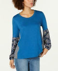Style & Co Mixed-Media Blouson-Sleeve Top by Vanessa Jane