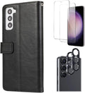 Bundle: Folio Black Leather Wallet Case with Tempered Glass Screen and Camera Protector - Samsung Galaxy S23 by Zerodamage Sahara Case LLC
