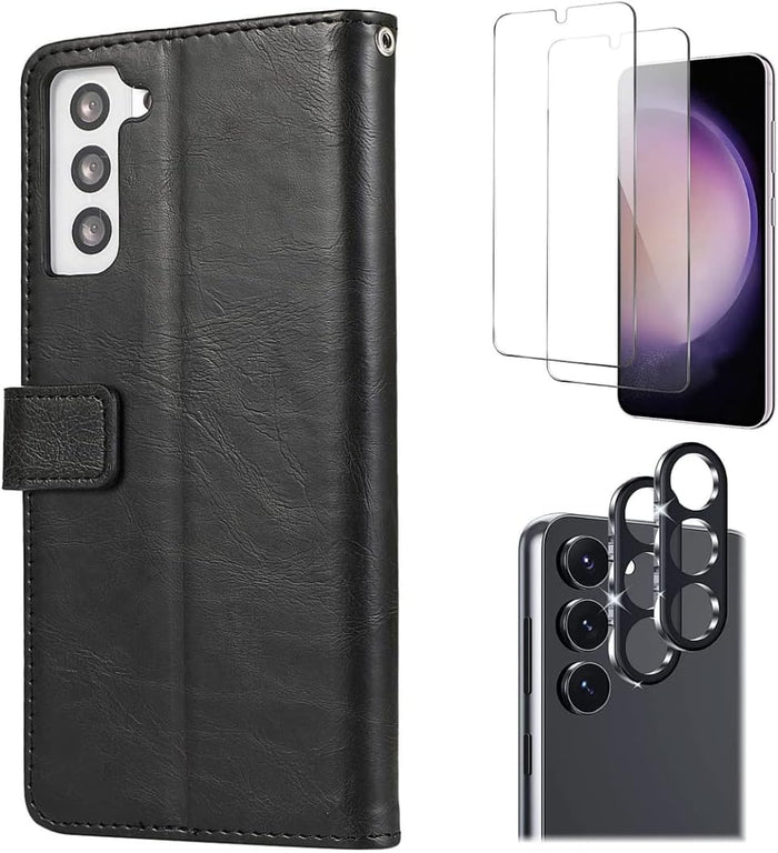 Bundle: Folio Black Leather Wallet Case with Tempered Glass Screen and Camera Protector - Samsung Galaxy S23 by Zerodamage Sahara Case LLC
