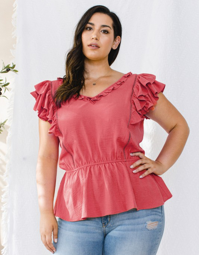 Ruffle Sleeveless V-Neckline Woven Top - Lipstick by Boutique 23