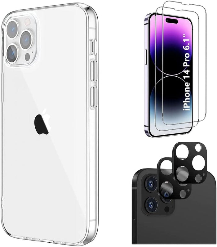 iPhone 14 Pro 6.1-inch Protection Kit Bundle - Hybrid-Flex Hard Shell Case with Tempered Glass Screen and Camera Protector - Clear by Zerodamage Sahara Case LLC