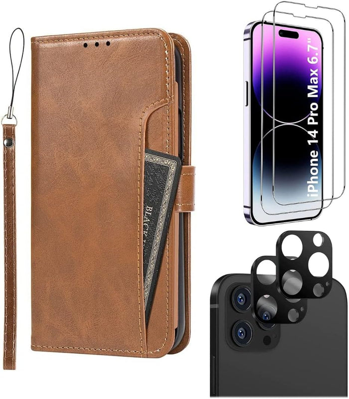 iPhone 14 Pro Max Protection Kit Bundle - Leather Folio Wallet Case with Tempered Glass Screen and Camera Protector (Brown) by Zerodamage Sahara Case LLC