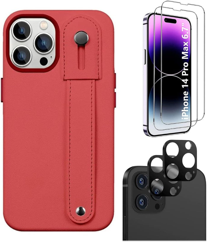 iPhone 14 Pro Max 6.7-inch Protection Kit Bundle - FingerGrip Series Case with Tempered Glass Screen and Camera Protector (Red) by Zerodamage Sahara Case LLC