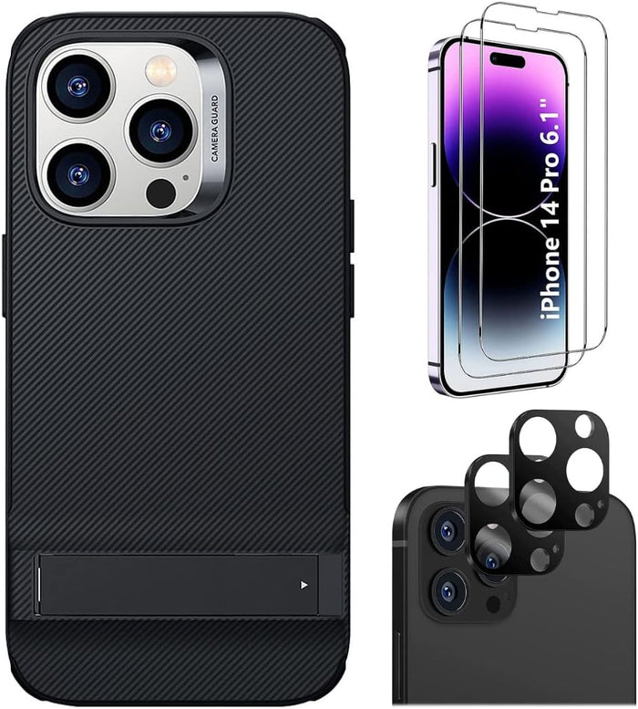 iPhone 14 Pro 6.1-inch Protection Kit Bundle - AirShield Boost Kickstand Series Case with Tempered Glass Screen and Camera Protector - Black by Zerodamage Sahara Case LLC