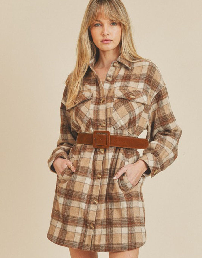 Benny Plaid Shirt Dress - Beige by Boutique 23