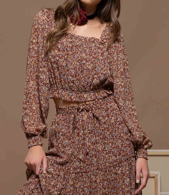 Lennox Floral Square Neck Crop Top - Burgundy by Boutique 23