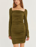 Kylie Ruched Bodycon Knit Mini Dress - Olive by Boutique 23