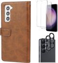 Bundle: Folio Brown Leather Wallet Case with Tempered Glass Screen and Camera Protector - Samsung Galaxy S23 by Zerodamage Sahara Case LLC