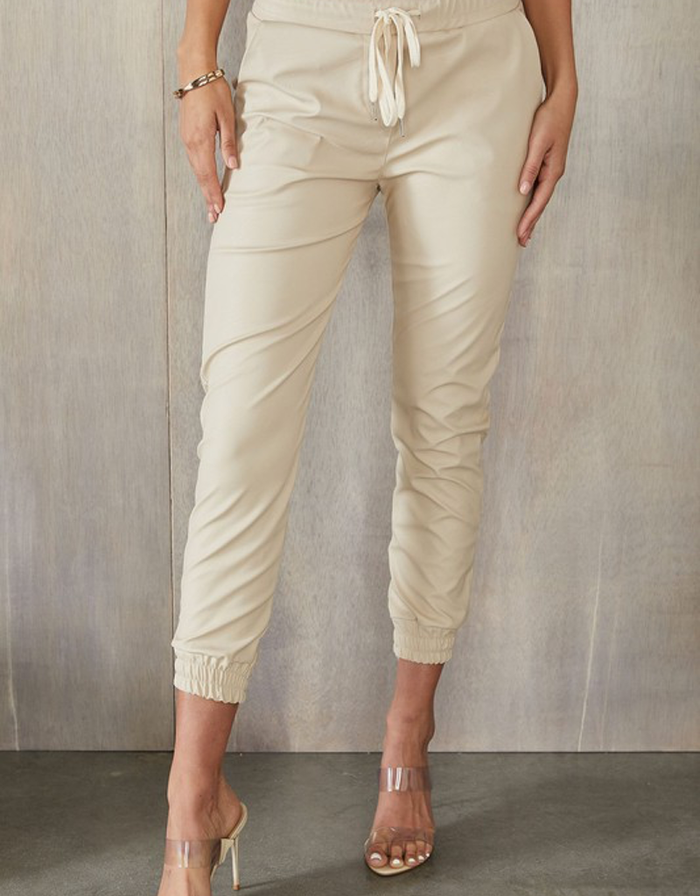On The Go Faux Leather Joggers - Cream by Boutique 23