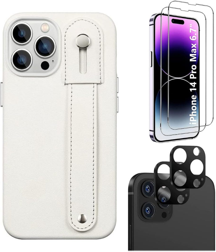 iPhone 14 Pro Max 6.7-inch Protection Kit Bundle - FingerGrip Series Case with Tempered Glass Screen and Camera Protector (White) by Zerodamage Sahara Case LLC