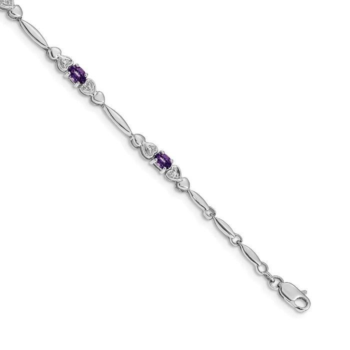 14k White Gold Unisex Oval Amethyst Heart 7 inch Bracelet by Fine Color Jewels