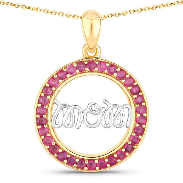 Round Pink Ruby Prong Gold Plated Silver Mom Circle Pendant Necklace by Fine Color Jewels