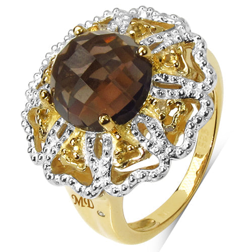 14K Yellow Gold Plated 3.23 Carat Genuine Smoky Quartz, Citrine & White Diamond .925 Sterling Silver Ring by Bids.com