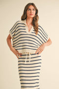 STRIPE PATTERN COLLARED SHORT SLEEVE TOP: NAVY STRIPE by Boutique 23
