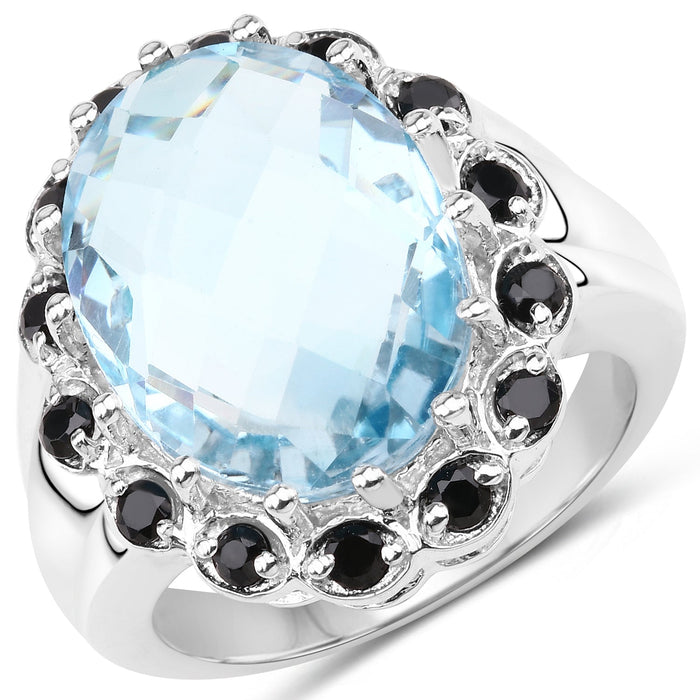12.49 Carat Genuine Blue Topaz & Black Spinel .925 Sterling Silver Ring by Bids.com