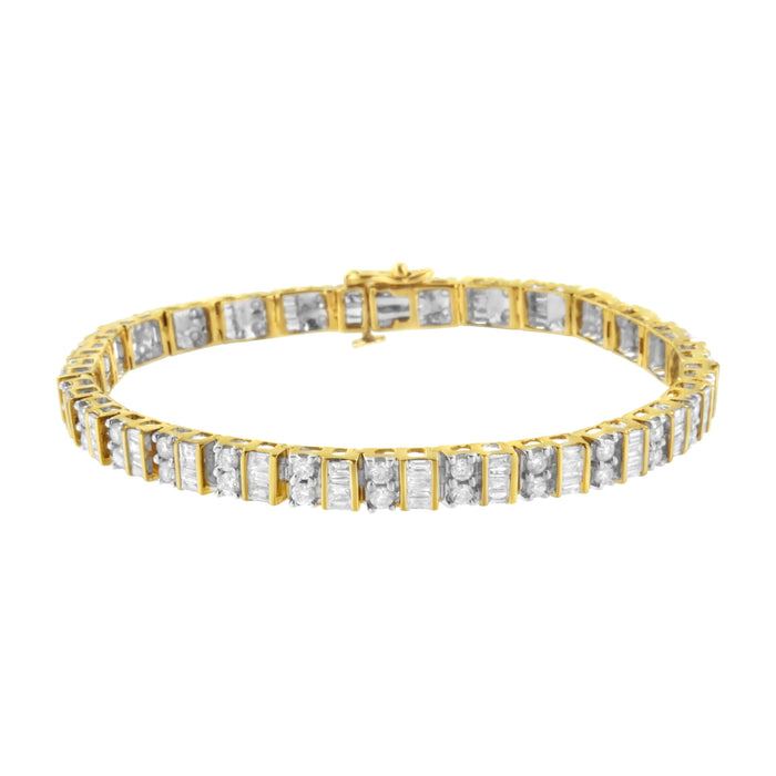 10K Yellow Gold 4.0 Cttw Alternating Baguette & Round Cut Diamond Bezel- & Prong-Set 7" Tennis Bracelet (G-H Color, SI1-SI2 Clarity) by Bids.com