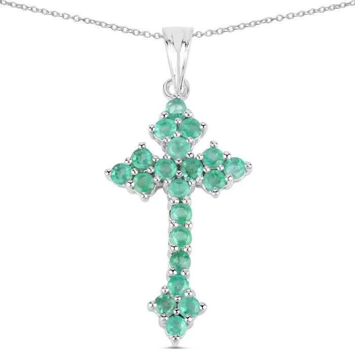 2.00 Ct Green Zambian Emerald Prong Silver Cross Pendant Necklace by Fine Color Jewels