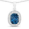 2.01 Ct Cushion London Blue Topaz and Lab Diamond Prong Silver Halo Pendant Necklace