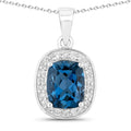 2.01 Ct Cushion London Blue Topaz and Lab Diamond Prong Silver Halo Pendant Necklace by Fine Color Jewels
