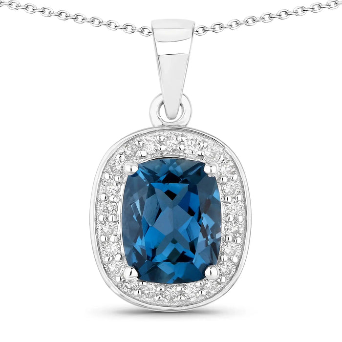 2.01 Ct Cushion London Blue Topaz and Lab Diamond Prong Silver Halo Pendant Necklace by Fine Color Jewels