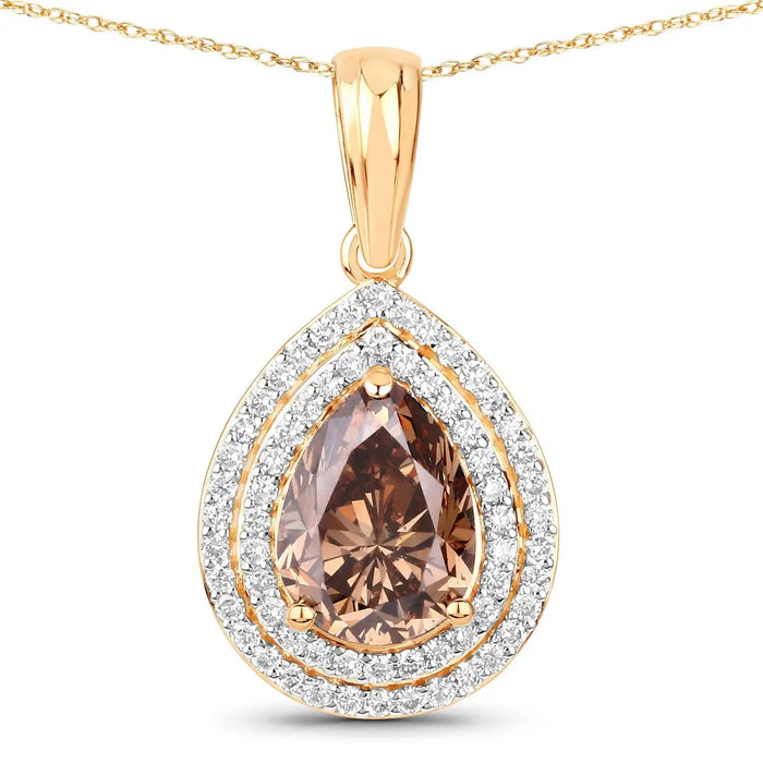 2.01 Ct Genuine Pear Brown Diamond 18K Yellow Gold Statement Pendant by Fine Color Jewels