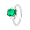 2.04 Ct Octagon Green Colombian Lab Created Emerald and Moissanite Prong Silver Three Stone Statement Ring by Fine Color Jewels
