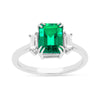 2.04 Ct Octagon Green Colombian Lab Created Emerald and Moissanite Prong Silver Three Stone Statement Ring