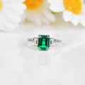 2.04 Ct Octagon Green Colombian Lab Created Emerald and Moissanite Prong Silver Three Stone Statement Ring by Fine Color Jewels