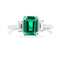 2.04 Ct Octagon Green Colombian Lab Created Emerald and Moissanite Prong Silver Three Stone Statement Ring by Fine Color Jewels