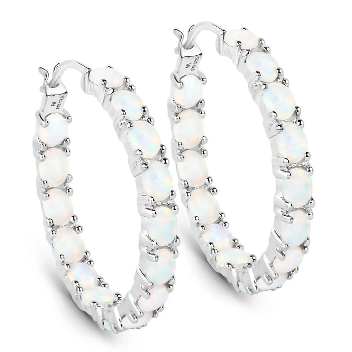 2.05 Ct Oval White Opal Prong Sterling Silver Tennis Hoop Clip-On Earrings by Fine Color Jewels