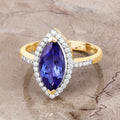 2.06 Ct Marquise Violet Tanzanite Diamond Prong 14K Yellow Gold Halo Pave Bridge Ring by Fine Color Jewels