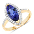 2.06 Ct Marquise Violet Tanzanite Diamond Prong 14K Yellow Gold Halo Pave Bridge Ring by Fine Color Jewels