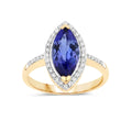 2.06 Ct Marquise Violet Tanzanite Diamond Prong 14K Yellow Gold Halo Pave Bridge Ring by Fine Color Jewels