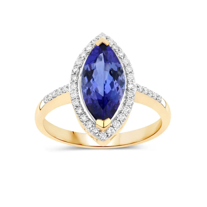 2.06 Ct Marquise Violet Tanzanite Diamond Prong 14K Yellow Gold Halo Pave Bridge Ring by Fine Color Jewels