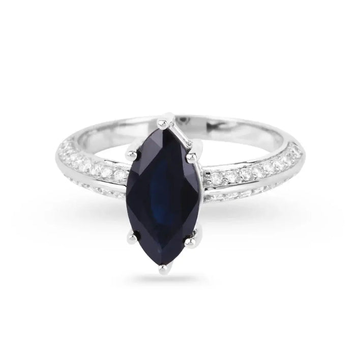 2.10 Ct Marquise Blue Sapphire & Lab Grown Diamond Prong 10K Gold Pave Bridge Ring by Fine Color Jewels