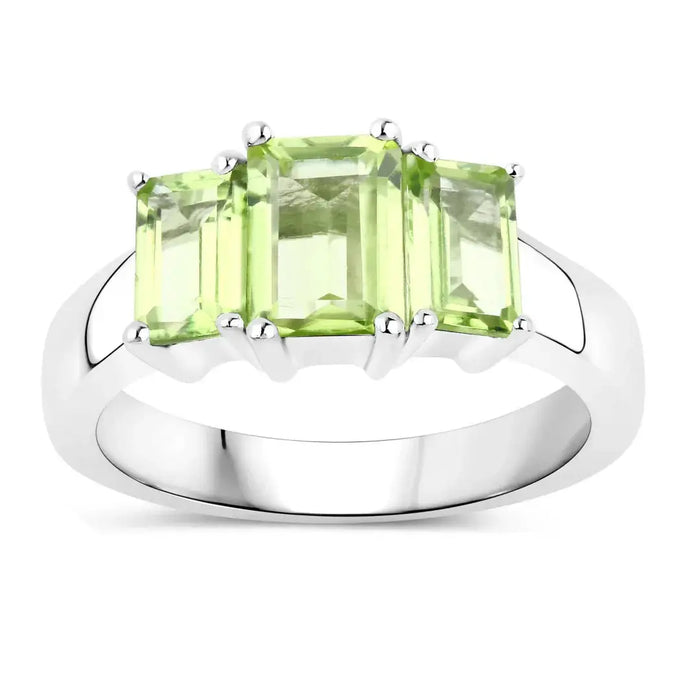 2.10 Ct Octagon Green Peridot Prong Silver Three Stone Ring by Fine Color Jewels