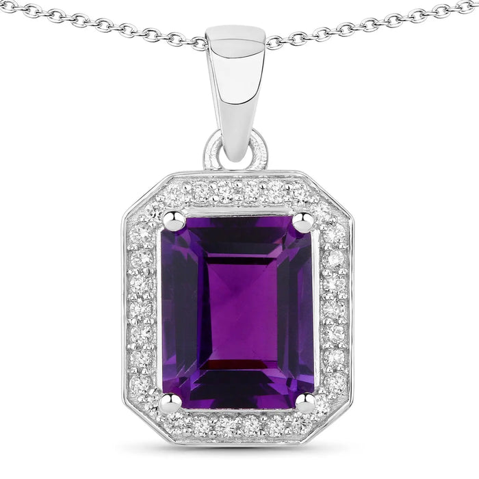 2.10 Ct Octagon Purple Amethyst & Lab Diamond Prong Silver Halo Pendant Necklace by Fine Color Jewels