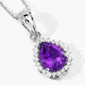 2.10 Ct Pear Purple Amethyst & Lab Diamond Prong Silver Halo Teardrop Pendant Necklace by Fine Color Jewels