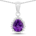 2.10 Ct Pear Purple Amethyst & Lab Diamond Prong Silver Halo Teardrop Pendant Necklace by Fine Color Jewels