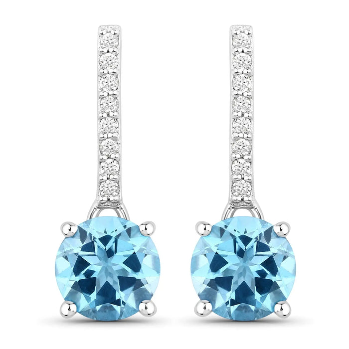 2.10 Ct Round Swiss Blue Topaz & Lab Diamond Prong Silver Dangle Earrings by Fine Color Jewels