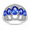 2.13 Ct Oval Violet Tanzanite Prong Silver Pave Five Stone Crown Style Ring by Fine Color Jewels