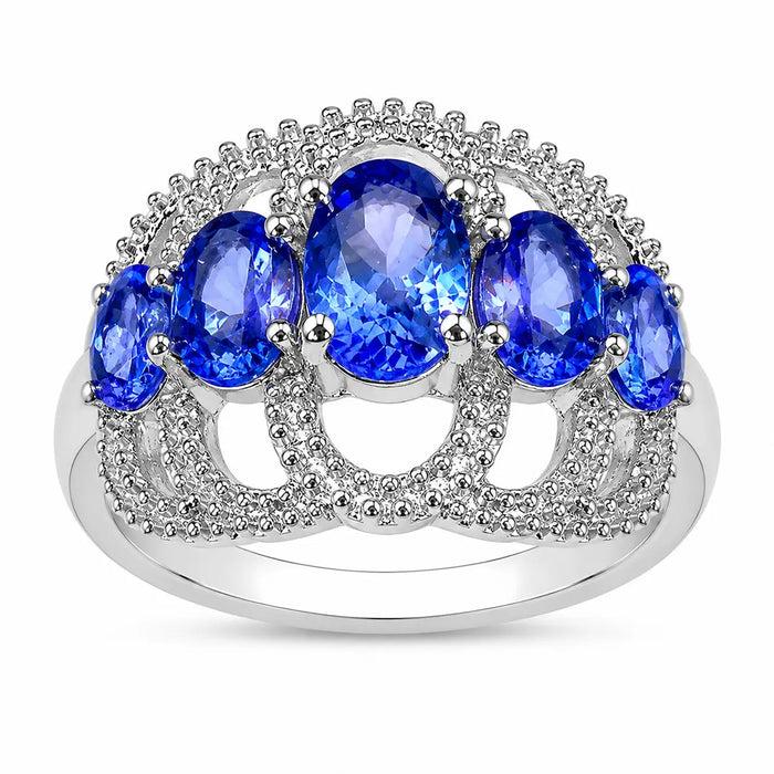 2.13 Ct Oval Violet Tanzanite Prong Silver Pave Five Stone Crown Style Ring by Fine Color Jewels