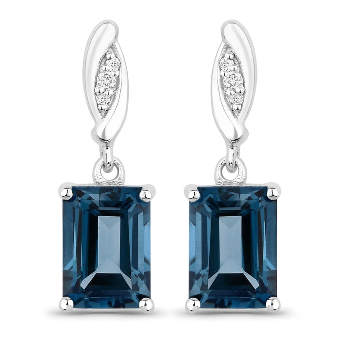 2.14 Ct Octagon London Blue Topaz & Lab Diamond Prong Silver Dangle Earrings by Fine Color Jewels
